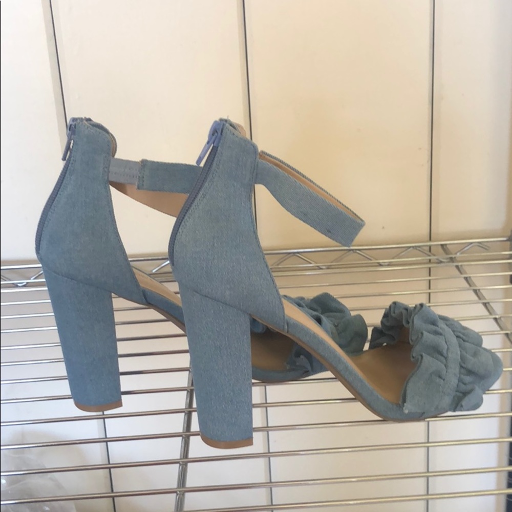 New All Denim Ankle Strapped Heels with Ruffles